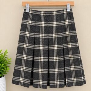 VTG Leslie Fay Grey Plaid Wool Pleated Midi A-Line Skirt High Waist Academia